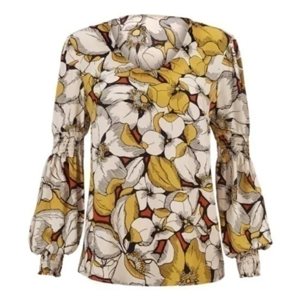 Cabi Sequel Floral Blouse V-Neck Smocking On Sleeves #3954 Yellow Orange Sz M